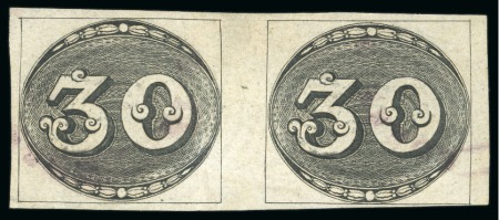 1843, 30r black, early impression, thin paper, used pair