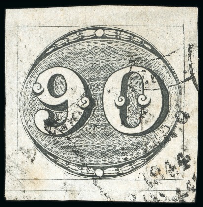 1843, 90r black, worn impression, lower-left corner sheet used example