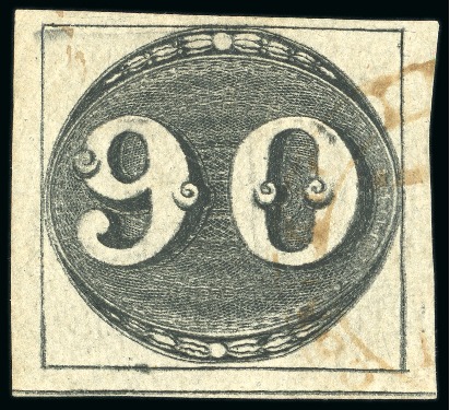 1843, 90r black, early impression, thin paper, used at Alcantara