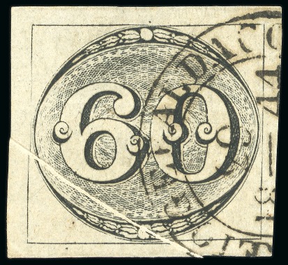 1843, 60r black, worn impression, three large margins,