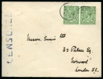 Ascension 1915 (19 Feb) censored "Ewens" cover to Birmingham bearing Great Britain 1912-22 ½d. green pair 