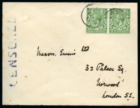 Stamp of Ascension » Great Britain Used in Ascension Ascension 1915 (19 Feb) censored "Ewens" cover to Birmingham bearing Great Britain 1912-22 ½d. green pair 