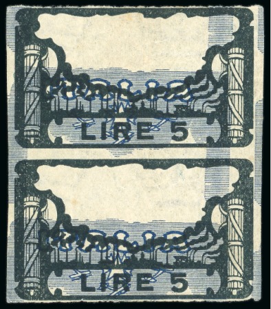 Stamp of Italy 1923 5L blue and black, imperforate vertical pair with misplaced centre