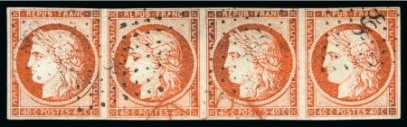 Stamp of France » Type Cérès de 1849-1850 1849, Cérès 40c orange en bande 4, oblitération