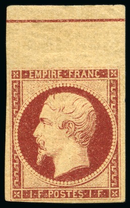 Stamp of France » Empire 1853-1862 1853, Empire non dentelé 1 franc carmin *, avec haut