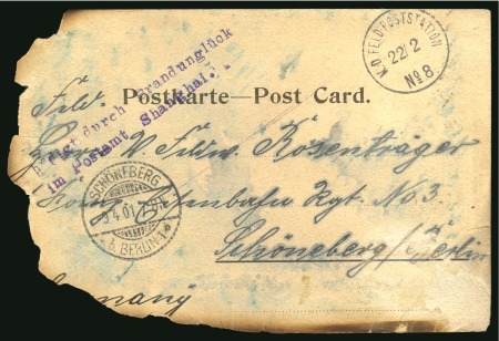 Boxer War. 1901 Postcard damaged in the German P.O. in Shanghai.
