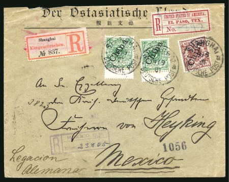 Stamp of China » Foreign Post Offices » German Post Offices 1901 Registered cover to Mexico with "China" overprinted stamps and rare U.S. registry exchange label