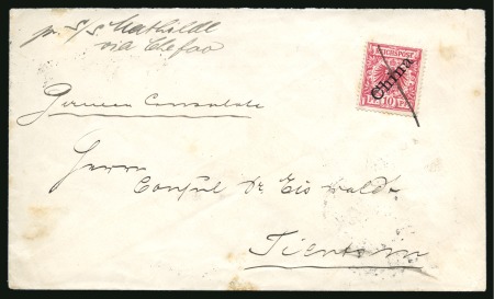 Stamp of China » Foreign Post Offices » German Post Offices 1899 Cover from Shanghai via Chefoo to Tientsin, with 1898 10pf type II, tied by ms cross applied on the "Mathilde"