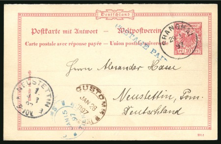 1897 10pf postal stationery card with paid reply combined with Customs cds's pf Tientsin and Shanghai
