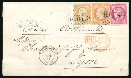 1871 (Nov 22) Cover to Lyon at single rate by British packet with 1853 10c & 40c and 'Bordeaux' 80c
