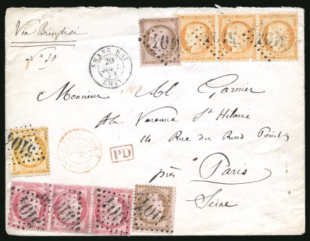 1873 Cover to Paris endorsed "Via Brindisi", bearing a very spectacular franking paying the triple rate.