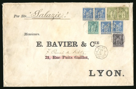 1891 Large envelope to Lyon franked at eleven times the single rate by Type Sage 5c, 10c, 15c blue (4) and 1fr olive pair