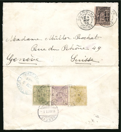 1893 (Nov 3)  Cover (opened for display) from Chinkiang to Geneva, rare three-colour franking featuring the "Small Dragons" in complete set