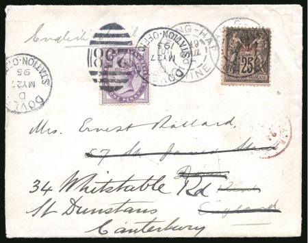 1895 (April 19) Cover to England franked by overprinted Sage 25c, redirected from Dover to Canterbury with application of 1881 1d violet 
