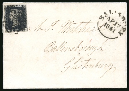 1841 (Ap 17) Entire from Salisbury to Glastonbury, bearing 1d black pl.10 IA, placed at upper left contrary to regulations