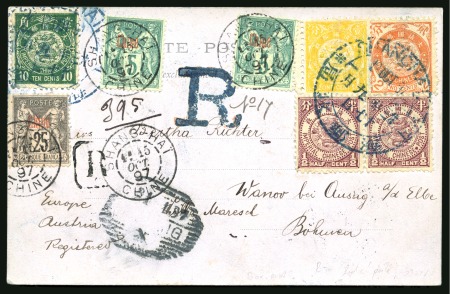 1897 (Oct 13) Spectacular mixed franking including a Chinese-four colour franking on a very unusual registered postcard