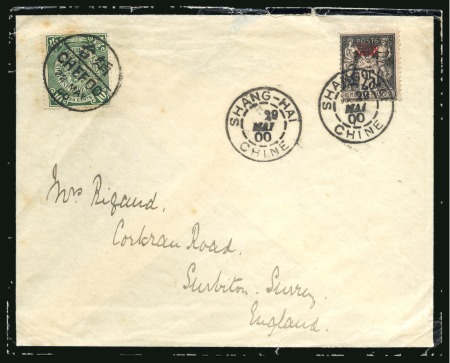 1900 (May 14-22) Two covers to England, originating from Chefoo and Chungking, with China 1898 10c and overprinted Sage 25 