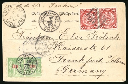 1900 (July 26) Postcard to Frankfurt franked by China 1898 2c pair, tied by "Pa-kua", in combination with overprinted Sage 5c type I pair
