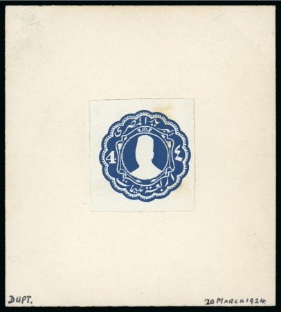 Stamp of Egypt » Postal Stationery 1923-24 De La Rue die proof for the 4m value in dark blue showing silhouette of King Fouad