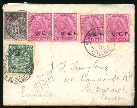 1901 Cover to London, with China 1898 10c tied by bilingual "WEIHAIWEI" cds, overprinted Sage 25c  and India "C.E.F." overprinted 3p two pair