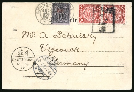 1899 Postcard to Germany bearing China 1898 2c vertical pair, tied by tombstone cancel, and overprinted Sage 10c type II