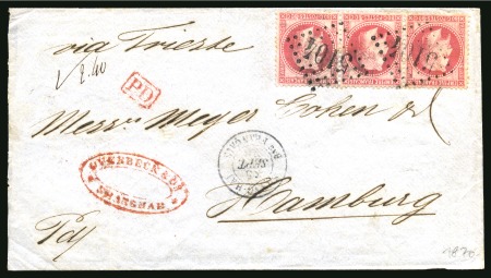 1870 (Sept 15) Double rate cover from Shanghai to Hamburg, franked by 1867 80c strip of three