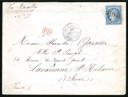 1873 Cover to Lavarenne-St-Hilaire franked franked by Cérès perf. 25c, tied by "5104" lozenge with "CORR. D. ARMÉES/SHANG-HAI" cds