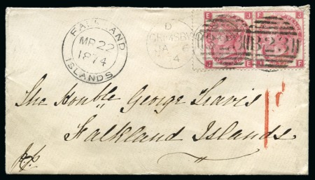 Stamp of Falkland Islands 1874 Incoming envelope from GB addressed to the Hon. George Travis, Postmaster of the Falkland Islands