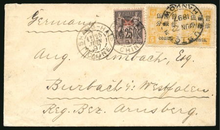 1897 (June 22) Cover from Hankow to Burbach (Germany), franked by China 1897 5c on 5ca pair and overprinted Sage 25c