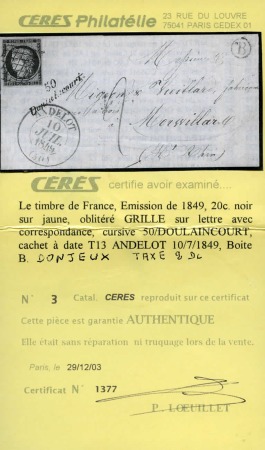Stamp of France » Type Cérès de 1849-1850 1849, Lettre pour le Haut Rhin affranchissement Cérès