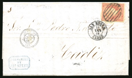 Stamp of China 1857 Entire letter from Shanghai to Cadiz (Spain), carried via a forwarding agent in Gibraltar and franked by Spain 1855 4cu