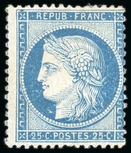 Stamp of France » Emission Cérès 1871-72 1873, N°60B (type 2) 25 centimes bleu Cérès dentelé