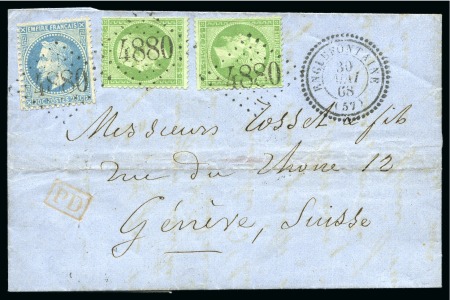 1868, Lettre pour Genève affranchissement Empire dentelé