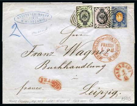 Stamp of Russia » Russia Imperial 1858 Second Issues Arms perf. 12 1/4 : 12 1/2  (St. 5-7) 1867 Wrapper from Warsaw (Poland) to Germany with 1858 20k perf. 12 1/2 in combination with 1866 3k & 5k 