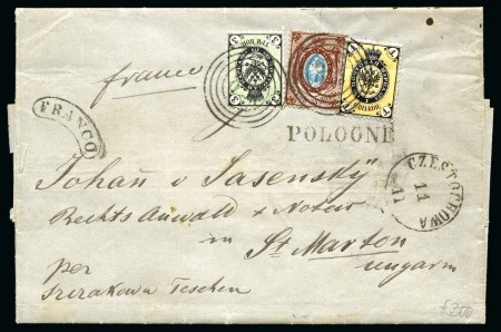 Stamp of Russia » Russia Imperial 1864 Third Issues Arms perf. 12 1/4 : 12 1/2  (St. 8-10) 1867 (Nov 10) Entire from Częstochowa to Hungary franked with 1864 3k in combination with 1866 1k & 10k