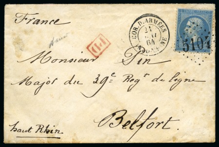 1864 (May 21) Envelope to Belfort franked by 20c with "COR.D.ARMÉES/INDO-CHINE" cds