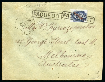 Stamp of Russia » Ship Mail » Ship Mail in the Levant 1903 Envelope to Australia franked 1pi on 10k tied by framed "PAQUEBOT" hs