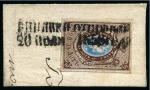 1857 10k pl.II, with fine to good margins, tied to small piece by 2-line dated cancel, possibly of Rinjavki