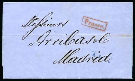 Stamp of Russia » Russia Imperial Pre-Stamp Postal History 1853 & 1857 Pair of entires from St. Petersburg to Madrid with framed "Prusse." hs