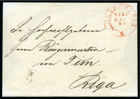 Stamp of Russia » Russia Imperial Pre-Stamp Postal History 1831 Wrapper to Riga (Latvia) bearing rare red Cyrillic "SANKT PETERBURG" double circle ds with large 5-pointed star at foot
