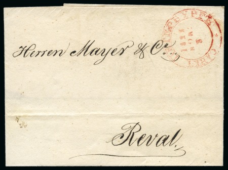 Stamp of Russia » Russia Imperial Pre-Stamp Postal History 1823 Wrapper to Reval (Estonia) bearing rare red Cyrillic "SANKT PETERBURG" double circle ds with SMALL 5-pointed star at foot