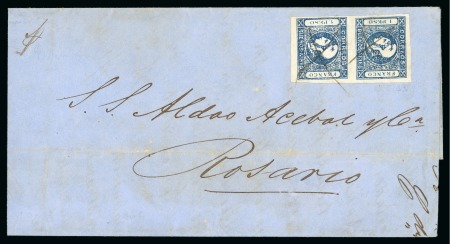 1859 1p dark blue, worn impression, vertical pair on cover, and 1862 1p rose on cover