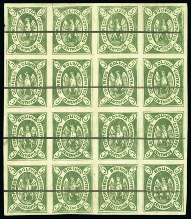 Stamp of Bolivia 1867 5c yellow green, original plate, state A-2, block of 16