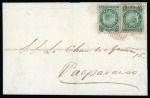 Stamp of Bolivia 1868-69 5c green 'Eleven Stars', two examples on cover to Chile with 14 bras red cancel