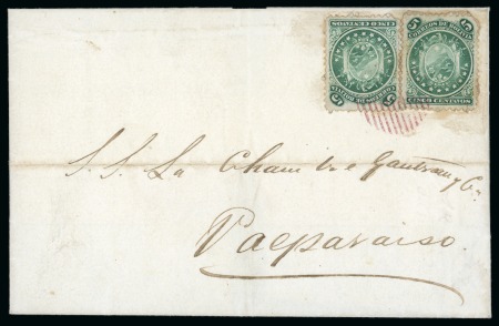 1868-69 5c green 'Eleven Stars', two examples on cover to Chile with 14 bras red cancel