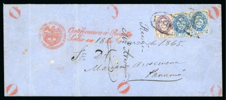 1864 10c violet, 20c blue (2), on unique registered wrapper to Panama