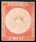 1856 1r vermilion, four unused examples in two different shades