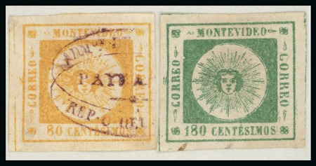 Stamp of Uruguay 1859 80c & 180c green, study including six common subtypes of both values from same positions