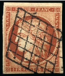 1849, Cérès 1 franc VERMILLON oblitération grille