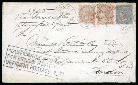 Stamp of India 1870 (Sep 30) Envelope from Simla to England with boxed "INSUFFICIENTLY PAID / FOR BRINDISI ROUTE / DEFICIENT POSTAGE / 3d"